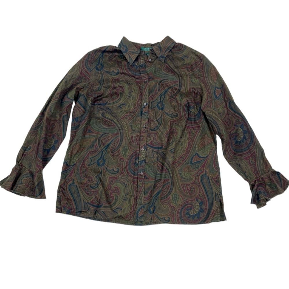 Lauren Ralph Lauren brown paisley ruffle sleeve top 1X